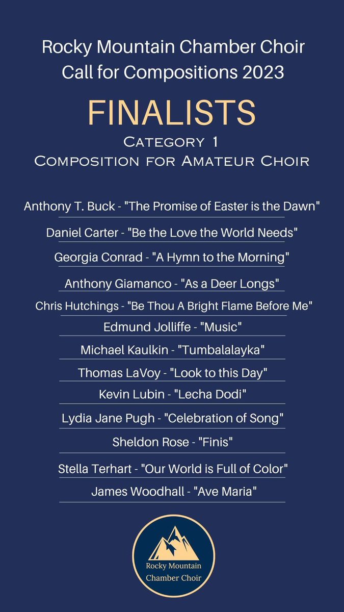 I was delighted to be a finalist in this great competition. Many thanks to Rocky Mountain Chamber Choir for this opportunity and for the encouragement. 

Here’s the piece ‘Ave Maria’ I’d love to hear from any choirs who would like to sing this youtu.be/OqMgGIYM9Cg