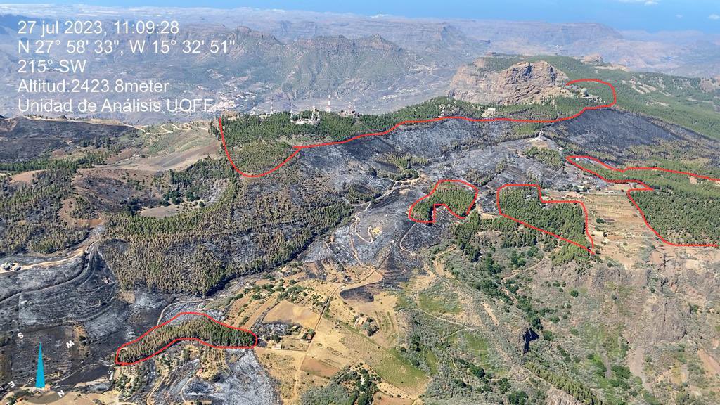 FedericoGrillo4's tweet photo. Gestión del paisaje mediante trats. selvivolas apoyados por quemas prescritas. Las áreas tratadas alrededores de las instalaciones (cientos de mill. eur) no solo evitar el daño, sino que detiene el avance del incendio hacia Tirajana y además minimiza la afección al propio pinar. https://t.co/7WfhgdoKmg