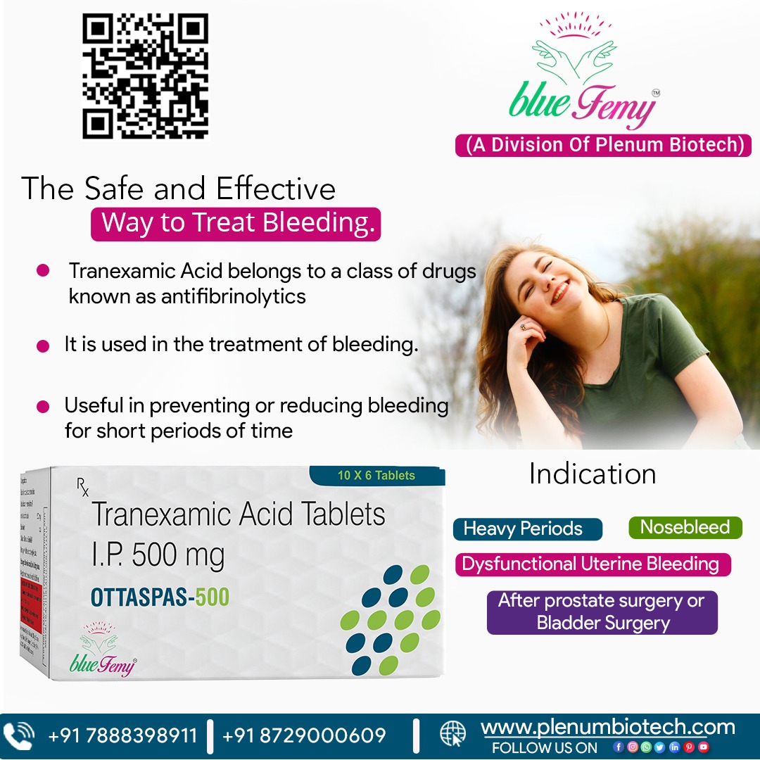 Introducing the power of #TranexamicAcid Tablets I.P. 500 mg from Blue Femy, a division of #plenumbiotech! A trusted aid in managing excessive #bleeding
#bluefemy #gynaepcdfranchise #pcdpharmafranchise  #thirdpartymanufacturing #pharmacy #doctor  #hospital #women #leadgeneration