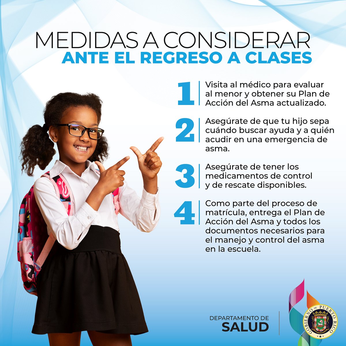 desaludpr's tweet photo. Si tienes un hijo o hija con asma, te recomendamos tomar en cuenta los siguientes puntos clave antes de que regresen a clases.

Programa de Manejo y Control de Asma
📲787-765-2929, exts. 4145, 4148 
📧programa.asma@salud.pr.gov

#ManejoDelAsma #ControlDelAsma
#ConsejosDeSalud https://t.co/lFKcxGeHc8