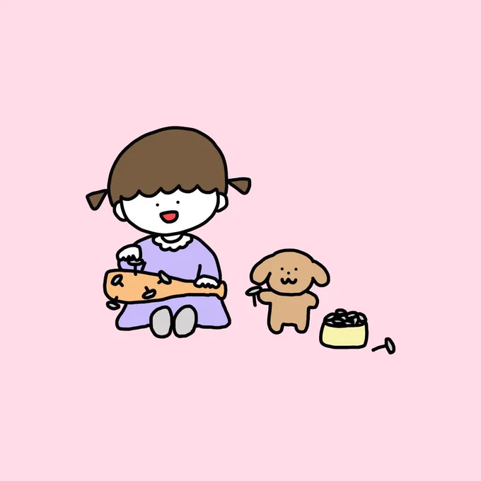 釘バットを作る女の子と手伝う犬 
