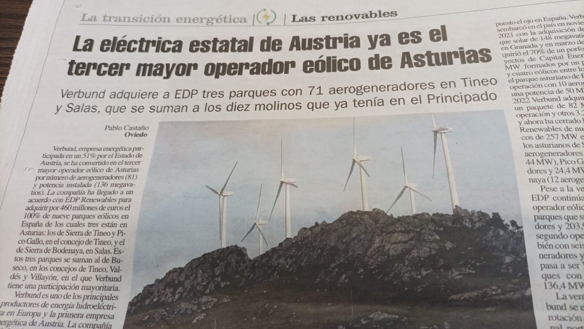 NuriaSuarez_R0's tweet photo. "La eléctrica estatal de #Austria es ya el 3er operador eólico en Asturias"
✅Tener la energía en manos de monopolios extranjeros es perder capital y soberanía
✅Necesitamos una Eléctrica Estatal como propone @RecortesCero para bajar precios y no ser dependientes. #FelizJueves https://t.co/s1PJL4eIlR
