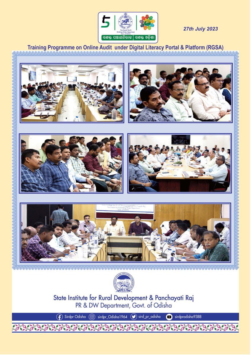 sird_pr_odisha's tweet photo. #SIRDPR  organized the "Training Programme on Online Audit under Digital Literacy Portal &amp; Platform (RGSA) " on 27.07.2023 for GPDO, PA &amp; PEO of all districts. @surendrakumarme @PRDeptOdisha @CMO_Odisha @MoSarkar5T @mopr_goi @MoRD_GoI https://t.co/LUSLy4DQ1z