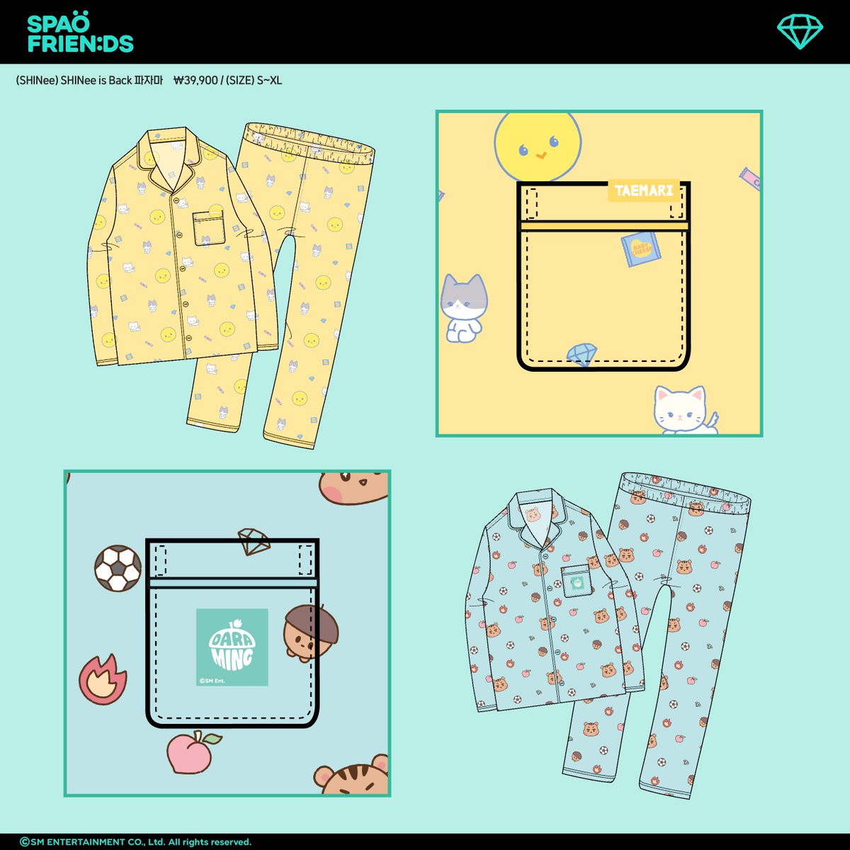 SpaoKr's tweet photo. [SPAO X SHINee Collection]
2023.07.28(FRI) 12:00PM

<컬렉션 라인업>
① 긴팔파자마 4종_39,900원
② 반팔티셔츠 4종_25,900원

<구매 증정 사은품>
샤이니 상품 5만원 이상 구매시 마우스패드 증정
찡구왕/복실이/다라밍/탬아리 4종 중 1종 랜덤 증정
※ 선착순으로 증정되며, 소진시 종료됩니다.

<발매처>
스파오닷컴 / SMTOWN &STORE