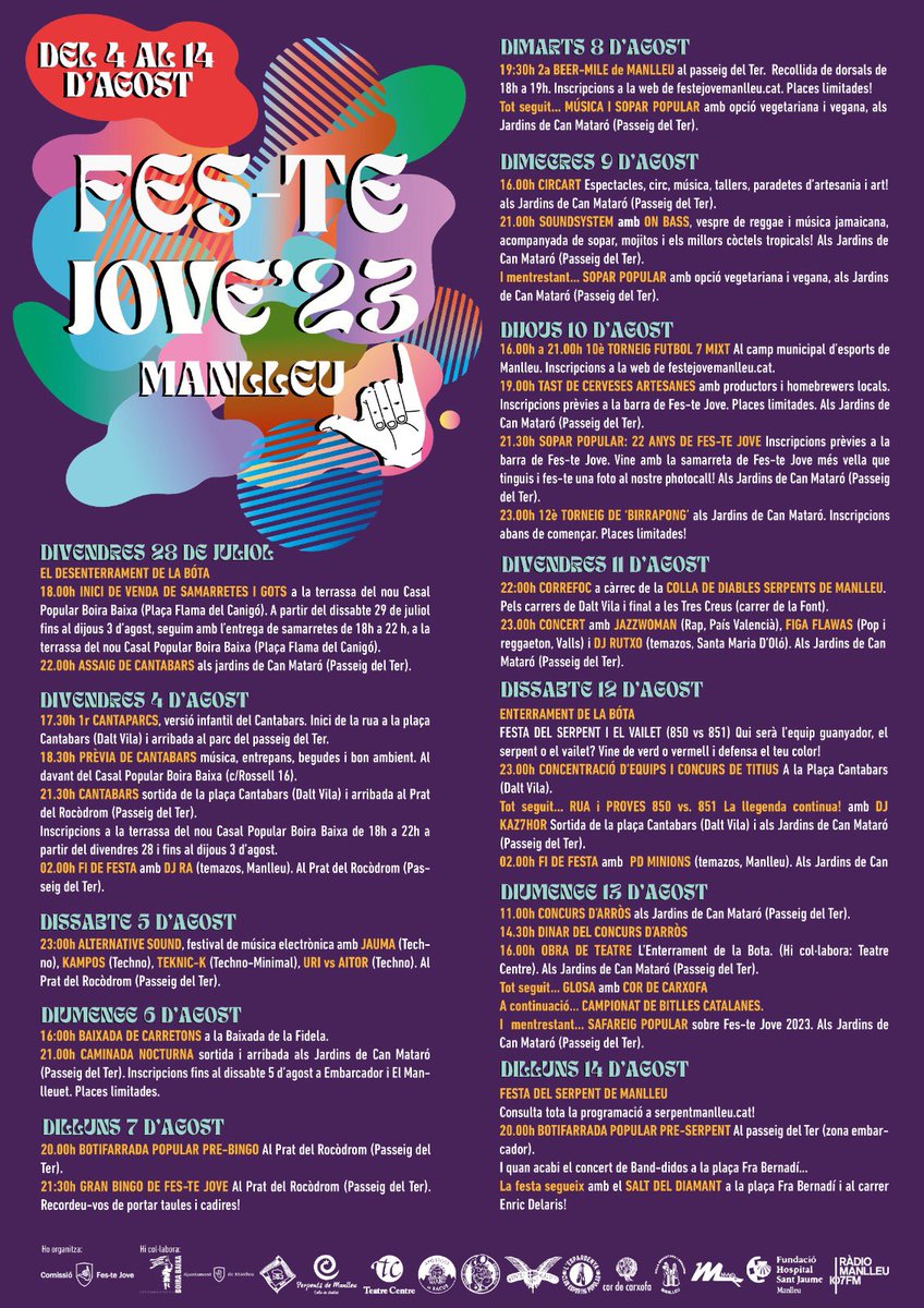 🤙🏽 Presentem la programació completa de tota la Fes-te Jove d'enguany. Del 4 al 14 d'agost torna la festa del jovent manlleuenc! Deu dies plens de festa, cultura popular i alegria pels carrers de #Manlleu. Vine i celebra la #FesteJove23!