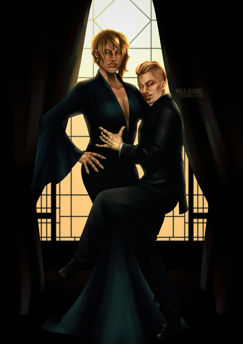 sushiwestern's tweet photo. I forgot to post this picture I did a while ago of Sevro and Victra as Gomez and Morticia Addams

#RedRising https://t.co/oFTlBgGcBc
