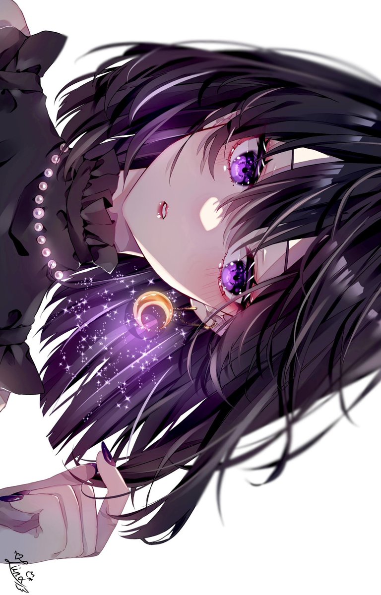 tomoe hotaru 1girl solo jewelry earrings purple eyes white background black hair  illustration images