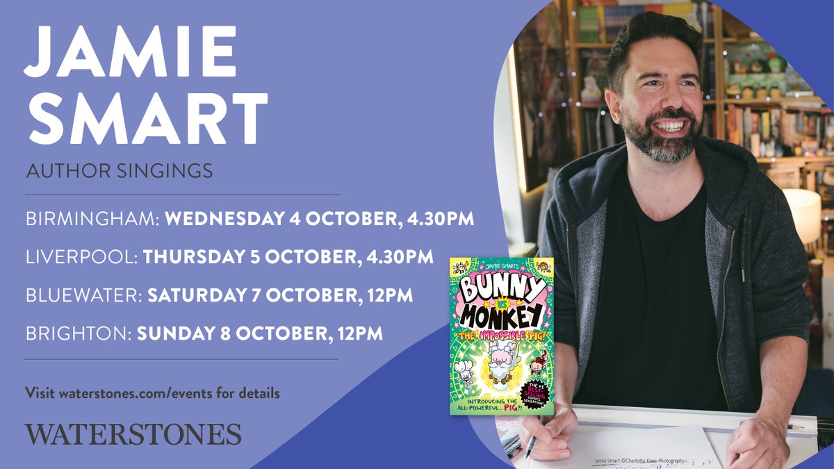 BhamWaterstones's tweet photo. The bestselling comic book creator @jamiesmart will be joining us to sign copies of his latest book in his ‘Bunny vs Monkey’ series, ‘The Impossible Pig'🐷

Get your tickets from the link in our bio!!

#jamiesmart #bunnyvsmonkey #theimpossiblepig #booksigning #authorevent https://t.co/t6jtdMOMSf