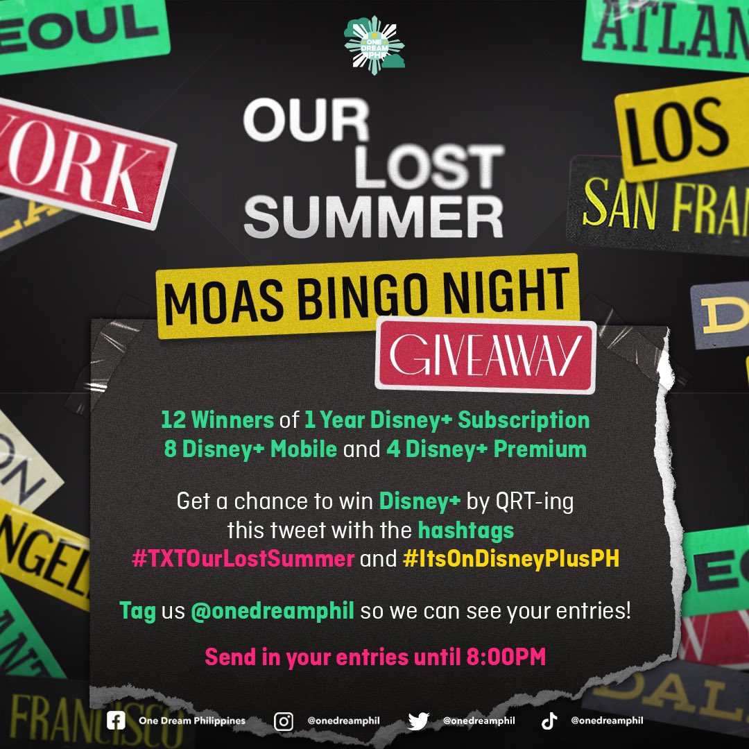 onedreamtxtph's tweet photo. [MOA’s Bingo Night]

Yes, a Bingo Night @ 8PM tomorrow to celebrate the release of @txt_bighit’s documentary, TOMORROW X TOGETHER: OUR LOST SUMMER 🤩

QRT to win a Disney+ subscription! Remember, that’s the only way you can stream the docu 😉

#TXTOurLostSummer
#ItsOnDisneyPlusPH https://t.co/xso0rotGRd