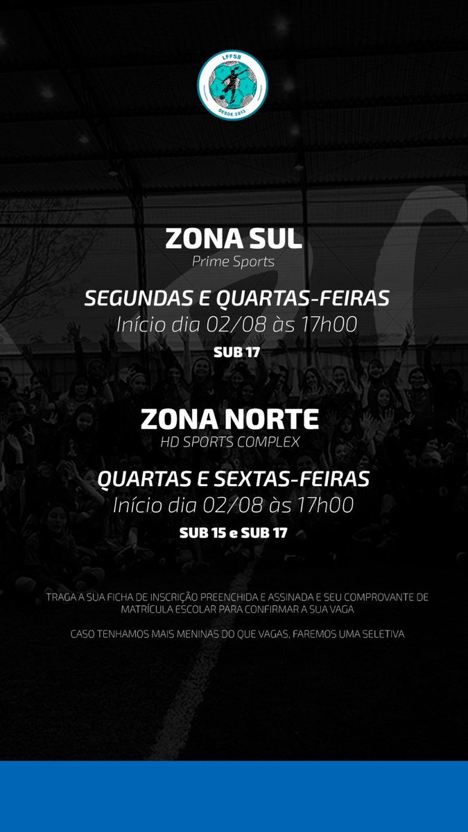 ⚠️⚽ Pré Inscrições abertas em Porto Alegre 

Sonha em participar de um dos maiores projetos de futebol feminino do Brasil? Então tua hora é agora
6️⃣0️⃣ VAGAS EM PORTO ALEGRE

💻 Clique no link do bio ou acesse pelo endereço lffsb.com.br