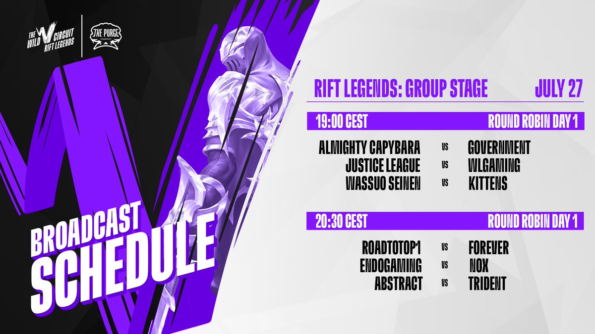 PurgeTournament's tweet photo. Check out the schedule for the kick-off of the #RiftLegends Group Stage! 🏆

Tune in tonight from 7pm CEST to catch all the action! 💥

Stream links are available in the comments 👇 https://t.co/rzMHwxr4Vn
