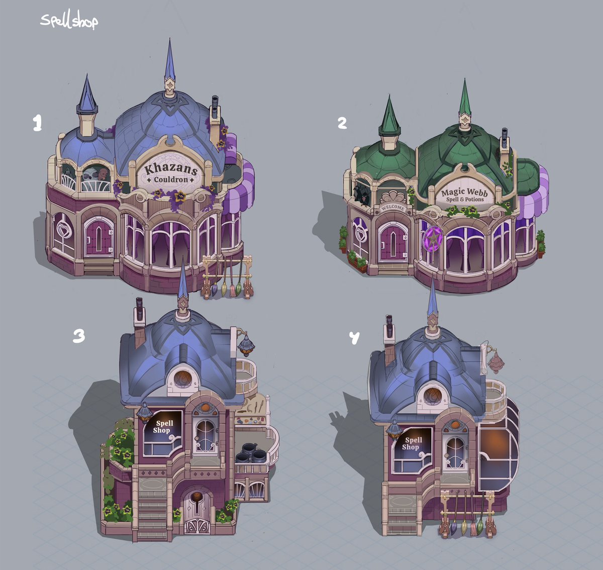 Our concept artist <a href="/WietseTreurniet/">Wietse Treurniet</a> is working on a magical shop for Moonlight Peaks! Which direction is your favourite? 🪄💜

#indiedev #gamedev #moonlightpeaks