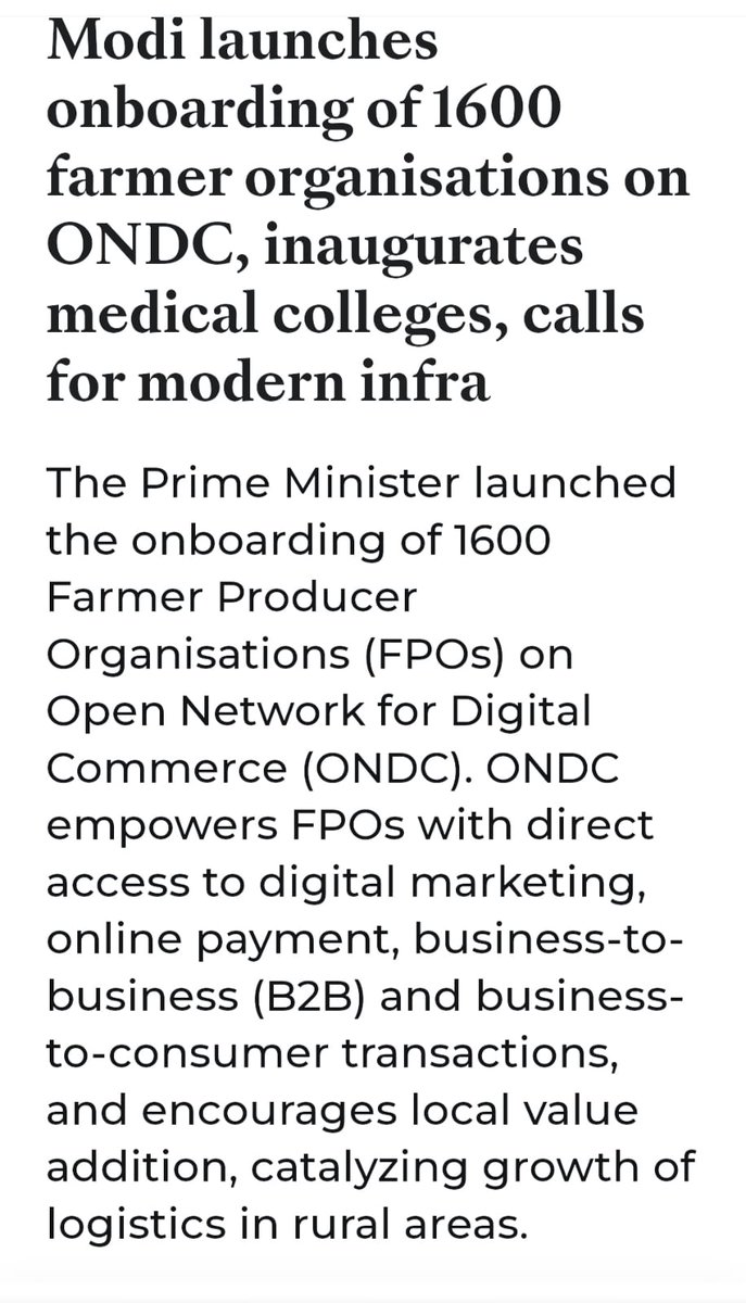 Empowering Farmers with the power of ONDC! We at ONDC are thrilled as Hon'ble PM Shri Narendra Modi launched the onboarding of 1600 Farmer Producer Organisations (FPOs) on Open Networking for Digital Commerce (ONDC). This groundbreaking move ensures our farmers' direct access to