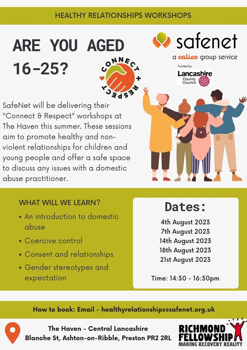 Preston Men’s Mental Health Network (@men_preston) on Twitter photo #Haven #Preston @rfmentalhealth ‼ NEW WORKSHOP ANNOUNCEMENT ‼
SafeNet will be hosting a workshop over the summer here at The Haven! Check out the poster attached for more information.
To book your space, please email:
healthyrelationships@safenet.org.uk #Haven #Preston @rfmentalhealth ‼ NEW WORKSHOP ANNOUNCEMENT ‼
SafeNet will be hosting a workshop over the summer here at The Haven! Check out the poster attached for more information.
To book your space, please email:
healthyrelationships@safenet.org.uk