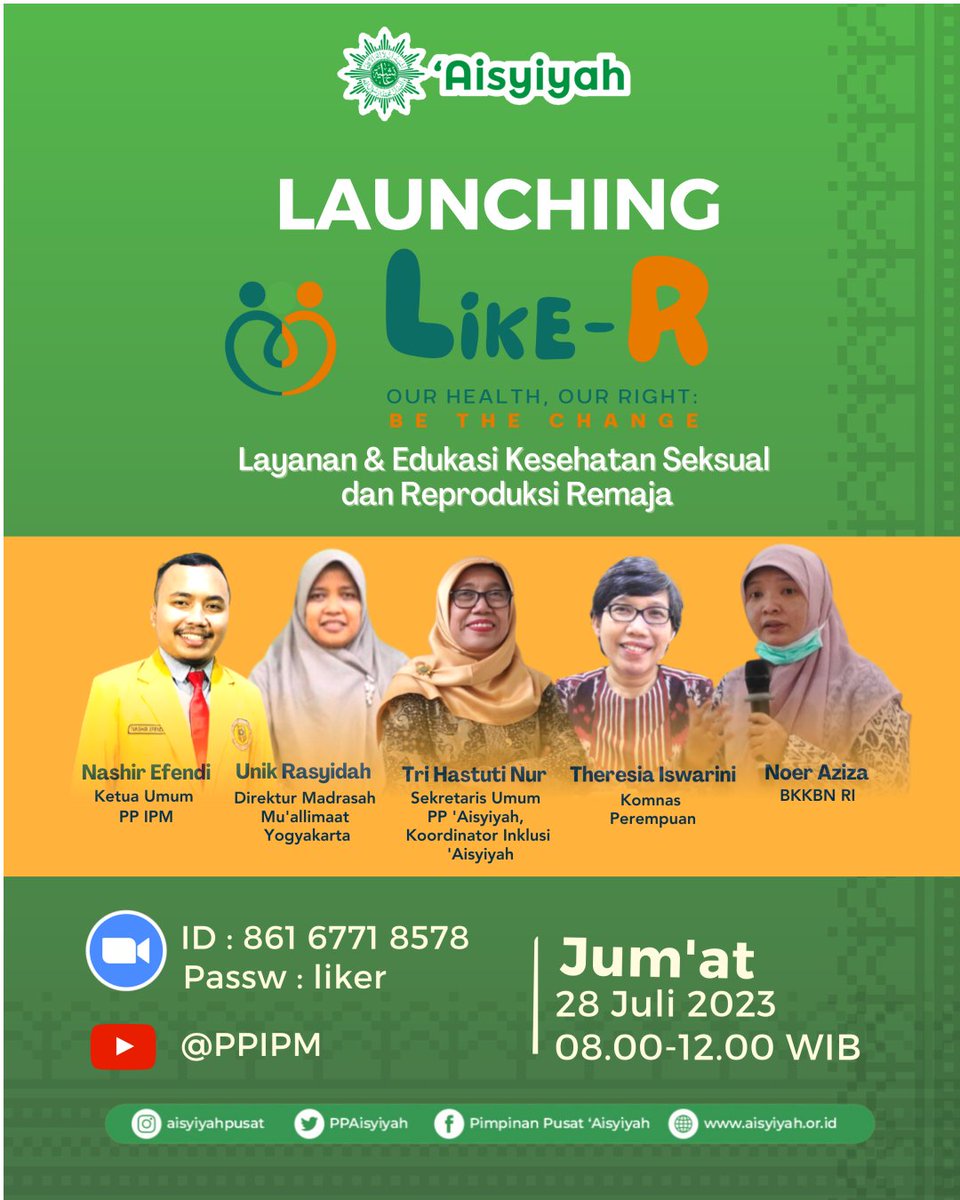 PPAisyiyah's tweet photo. Besok! saksikan Launching Like-R (Layanan &amp; Edukasi Kesehatan Seksual dan Reproduksi Remaja) : "Our Health, Our Right : Be The Change" kerjasama Program Inklusi 'Aisyiyah, @ppipm, dan @muallimaatjogja

#liker #kespro #remaja #bethechange #aisyiyah https://t.co/PsHsj8C7W6