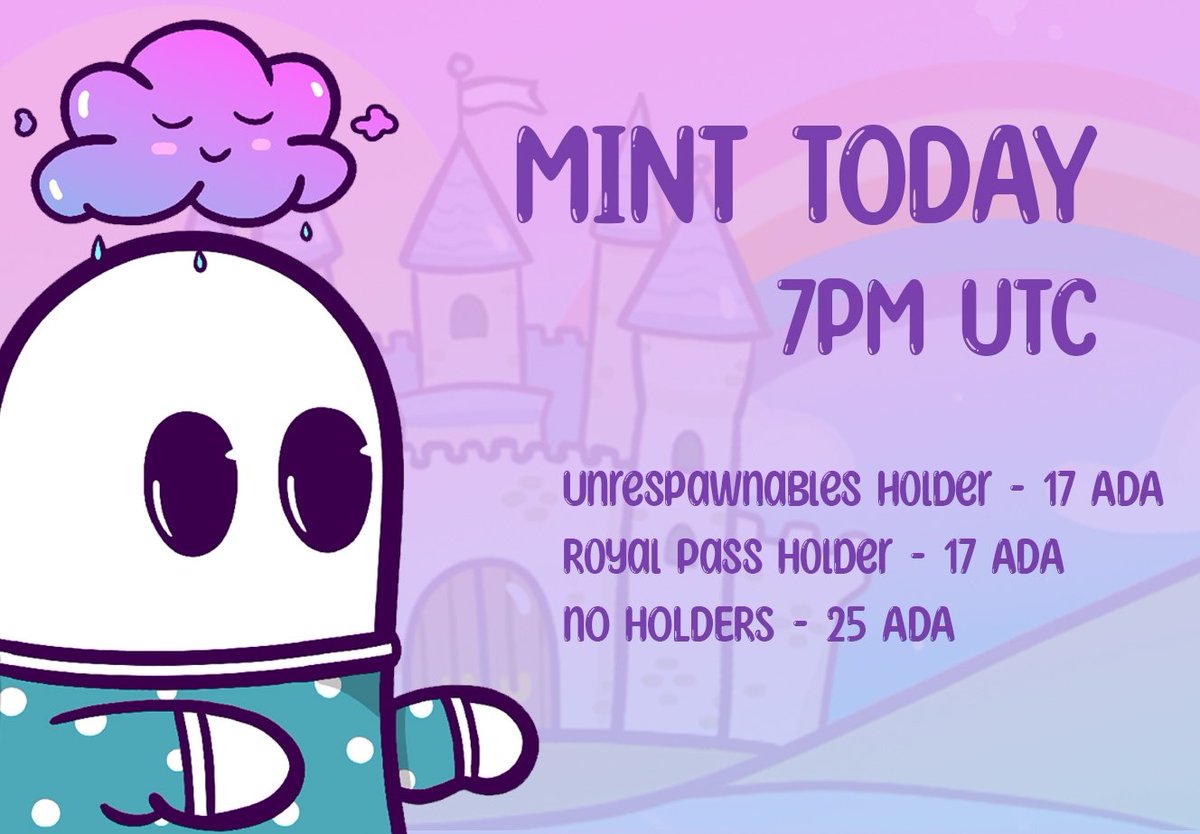 MINT TODAY!!! July 27th

Are you ready?
There are only 600 ghosts available to live in our castle! 🏰💜

#Unrespawnables #cardano #nft