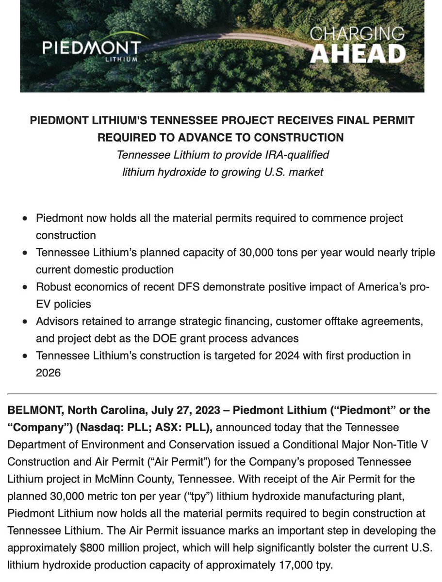 LithiumIonBull's tweet photo. Congrats @PiedmontLithium on another important milestone toward creating a new IRA-compliant #Lithium #HydroxideHub in the southeastern USA, supported by @ENERGY grant.
#TennesseeLithium
$PLL ๐ https://t.co/y6vtaSPpcZ