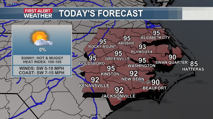 JimWeatherOrNot's tweet photo. We'll be stuck in the oven the next 4 days folks. Highs each afternoon will reach the mid 90s inland to 90° on the coast. The heat index will run from 102°-107°. The hottest days will be Friday and Saturday. Both days will be First Alert Weather Days. Stay hydrated out there! https://t.co/VdIek3EYlO