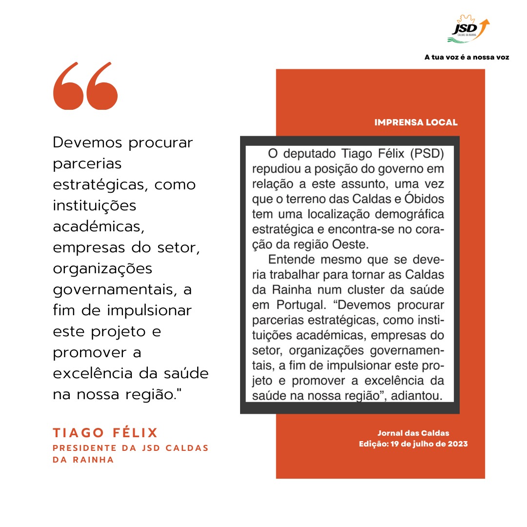 JSDCaldas's tweet photo. Imprensa Local - Assembleia Municipal Extraordinária - 11 de Julho 2023
Vê toda a intervenção do Presidente da JSD das Caldas da Rainha e Deputado Municipal Eleito pelo PSD-  https://t.co/GbEpNIlz8i
Mostramos a visão de tornar as Caldas da Rainha num cluster da Saúde em Portugal https://t.co/GWiwlA1fCe