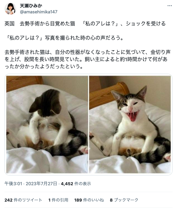 私が前にこれと同じツイートした時は、1594RTまで行ったけど、今回もし4〜500RTどまりになったとしたら、1200〜1300人のホロゾフィストさんはどっかに行っちゃったことになりますね😢

「私のアレは？」TNRされた猫の悲しみ