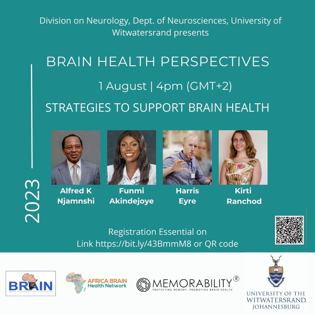 Curious on various strategies we can use to promote brain health on the continent and beyond? Join Prof #AlfredNjamnshi, @Funmiakin_ @HarrisAEyre Kirti @MemorabilityHQ on Tuesday 1 August 2023 at 4pm (GMT+2) online. Register here: bit.ly/44GtM1Z