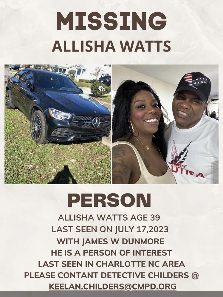 I met Allisha’s friend advocating for her outside a salon plaza. First thing she said was, “Please help. This is not a scam.”

James Dunmore was found passed out in ALLISHA’S car last week w her nowhere to be found. He’s not talking.

Please share this post &amp; help find Allisha!!