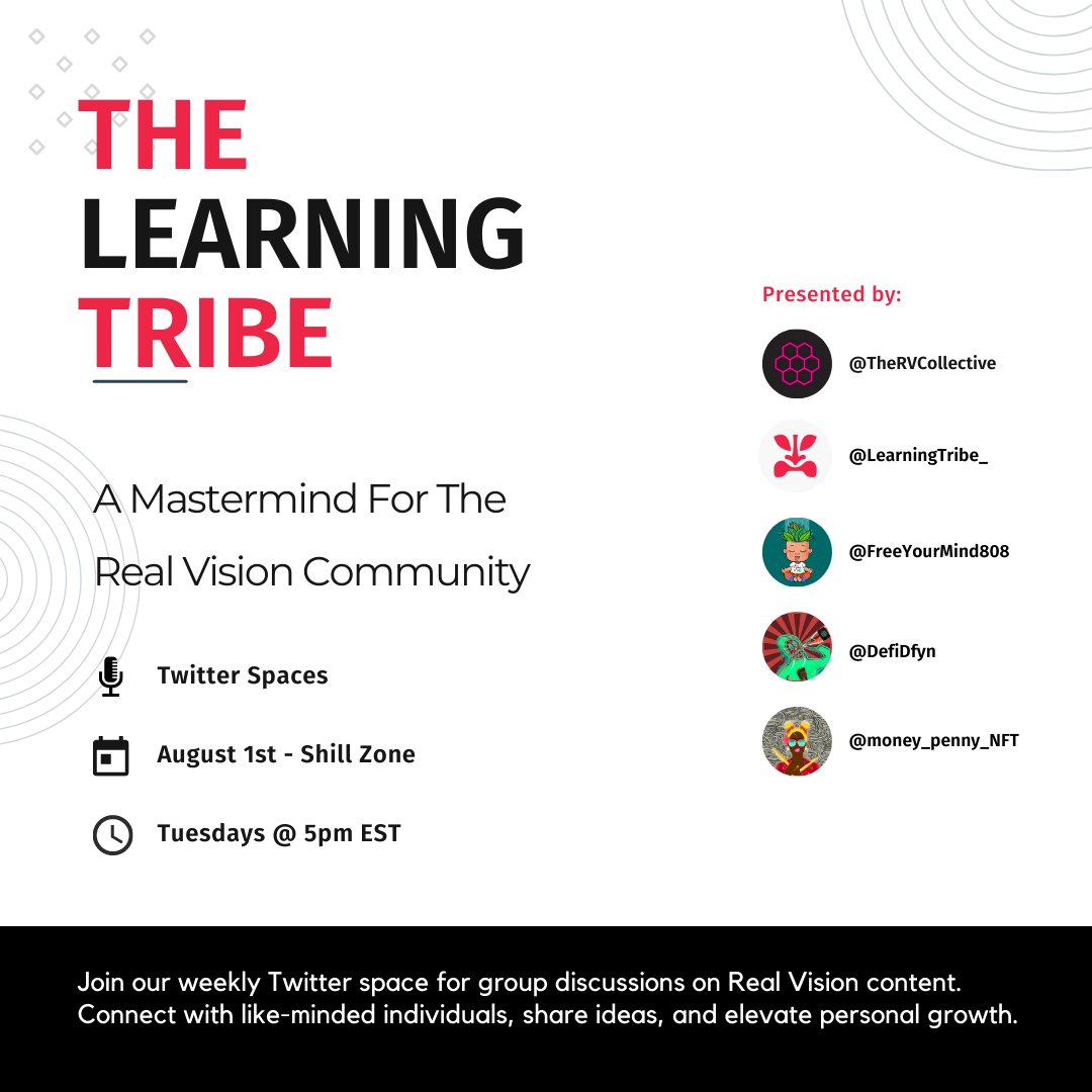 🧠 The Learning Tribe 🧠

Join our <a href="/RealVision/">Real Vision</a> Community Shill Space!

We want to learn about what YOU are working on. We're genuinely interested in the great things our community members are creating

⏰ Set Reminder + Like + RT ⏰