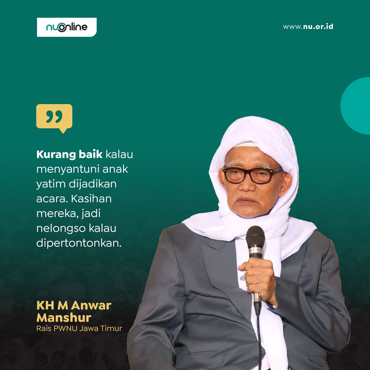 "Kurang baik kalau menyantuni anak yatim dijadikan acara. Kasihan mereka, jadi nelongso kalau dipertontonkan." (KH M Anwar Manshur – Rais PWNU Jawa Timur)
____
Instal aplikasi ibadah dan belajar Islam terbaik: nu.or.id/superapp (Android &amp; iOS)
____
#nahdlatululama #nuonline