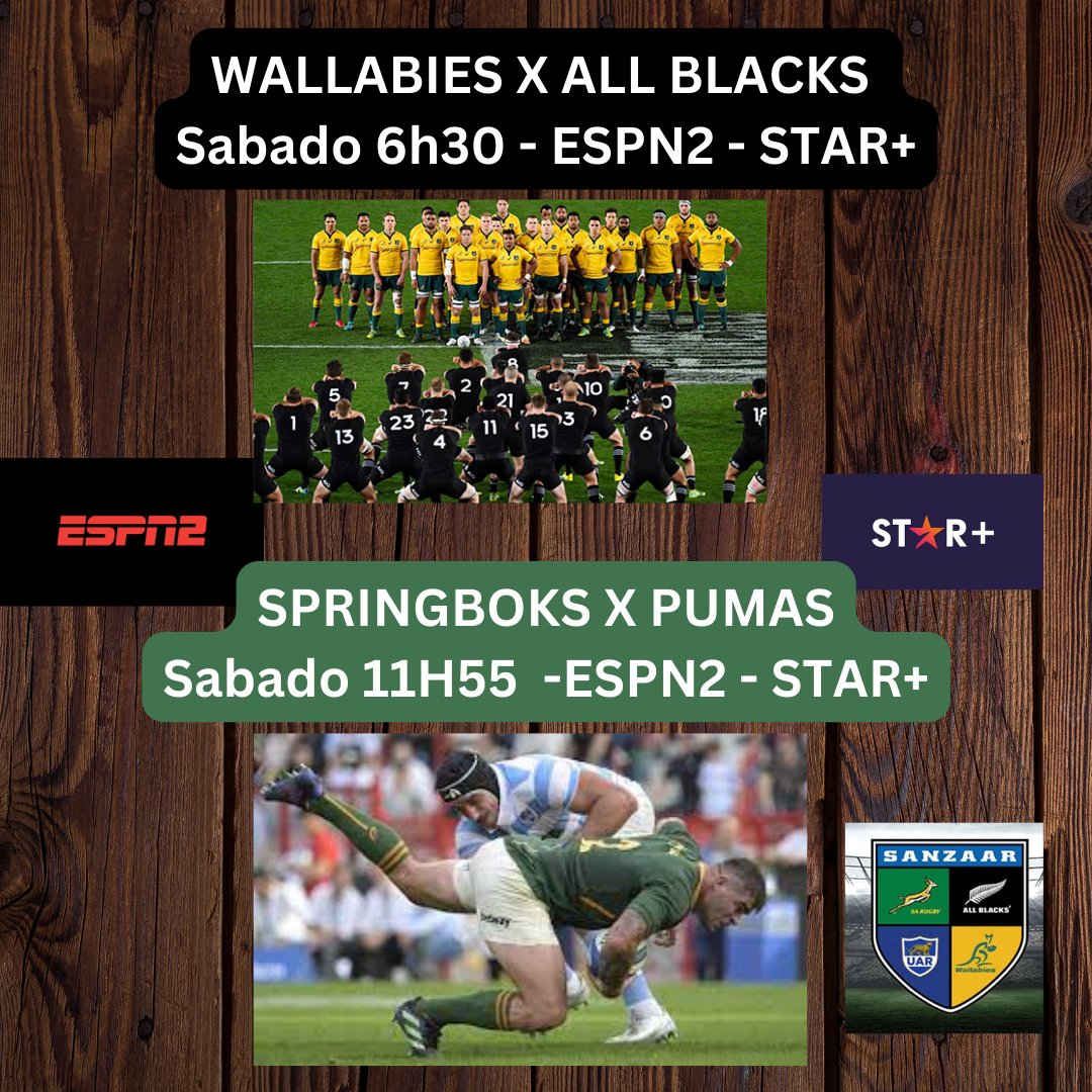 The Rugby Championship 2023  na ESPN e STAR+

Sabado 29/07
WALLABIES X ALL BLACKS 6h30 na ESPN 2 e STAR+
SPRINGBOKS  X PUMAS 11H55 ESPN 2 e STAR+
Ultima rodada , tudo ao vivo!

PREPARADO?
VAMOS NESSA!
#rugbynaespn #espnnostarplus #therugbychampionship #TRC23