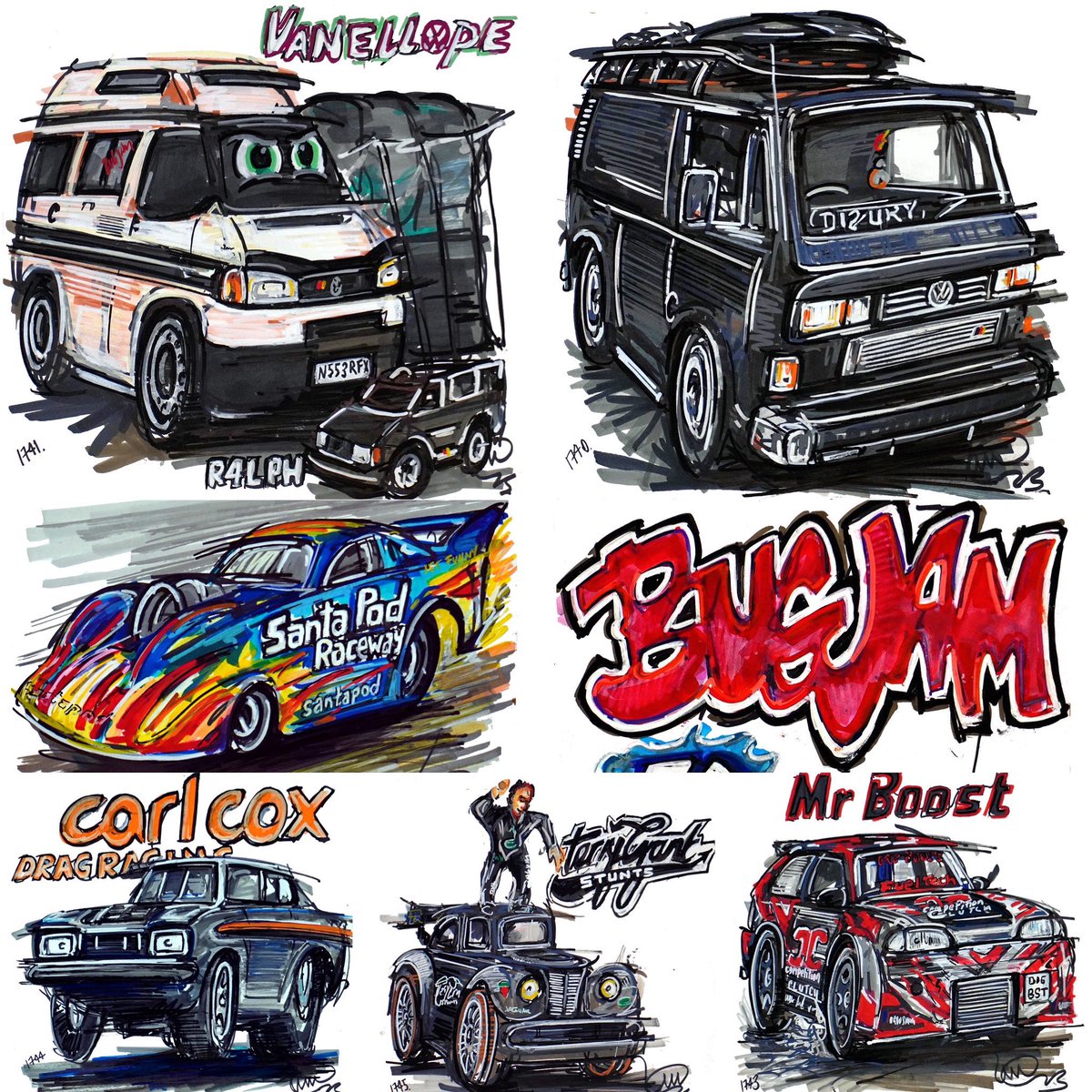 Popbangcolour's tweet photo. Here’s the #ContinuousCar drawings that were created @SantaPodRaceway for #BugJam last week including @FireForceJets jet car! who’s going to be #UltimateStreetCar next week?
I’ll be creating commissioned drawings to order at the event too! 🚗🔥💨🏁
#USC #SantaPod https://t.co/MrI3YdYuMW