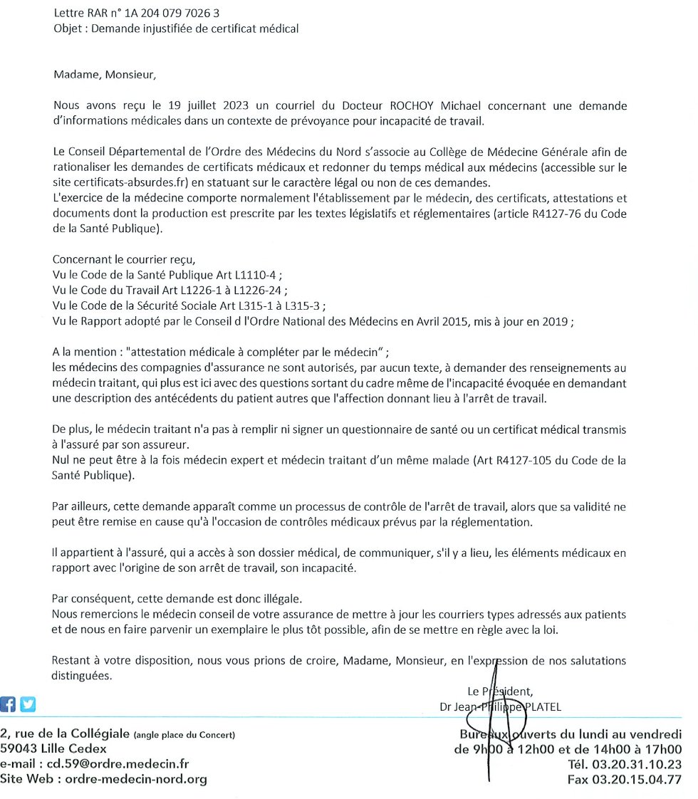 Petit update : 19 jours après le début de cette initiative, 13 courriers ont été envoyés en LRAR à différents organismes ou assurances de la part du CDOM59 :)

Un exemple ici avec une de mes demandes (poke <a href="/LeCollegeMG/">Collège de la Médecine Générale</a>).

En savoir plus : certificats-absurdes.fr/contacter-lord…
