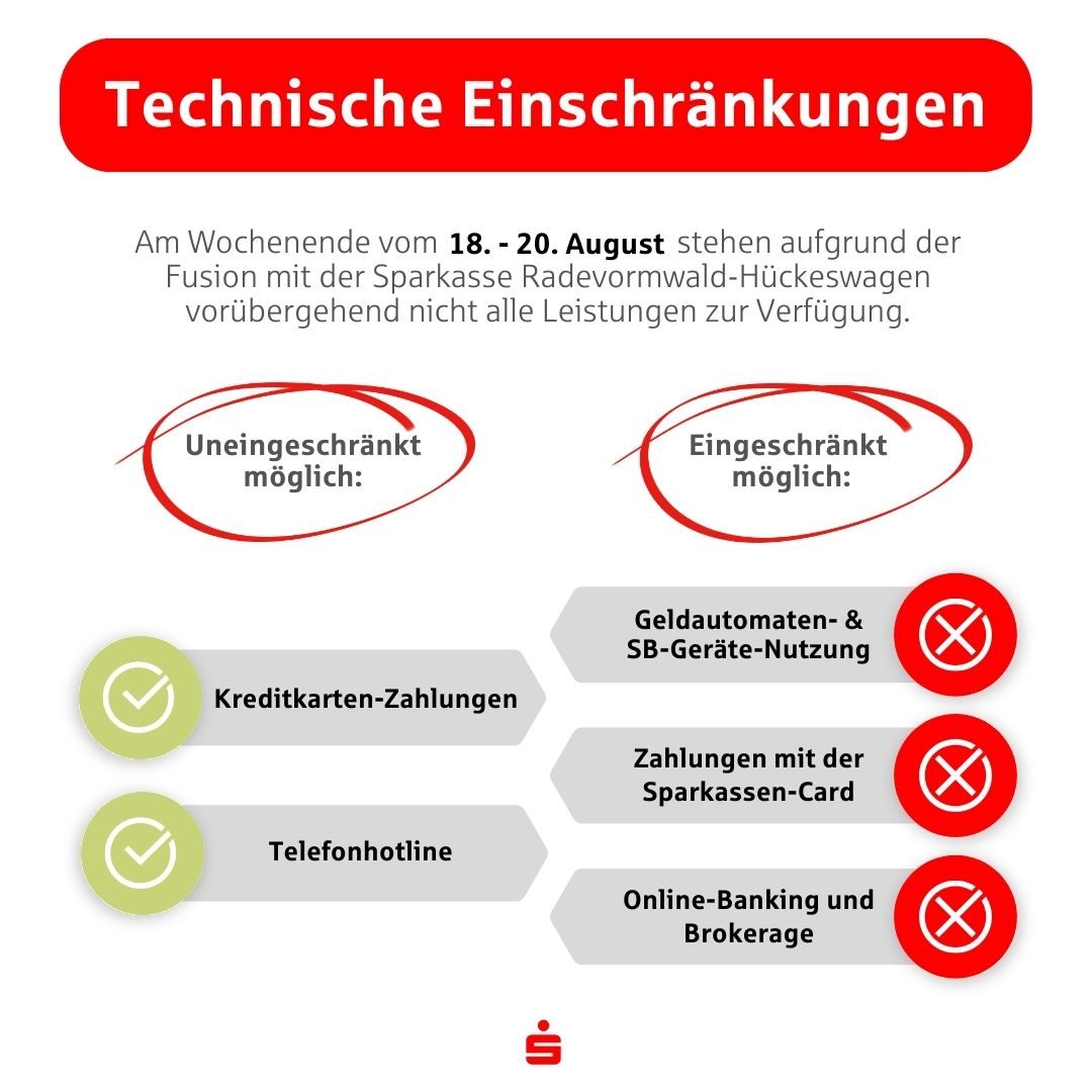 kskkoeln's tweet photo. Am Wochenende vom 18. August (später Nachmittag) bis zum 20. August steht die Fusion von der Sparkasse Radevormwald-Hückeswagen und der Kreissparkasse Köln an. Am Umstellungswochenende kann es zu Einschränkungen für die Kundschaft beider Sparkassen kommen. Mehr Infos 👇 https://t.co/DBLV4GKvH5