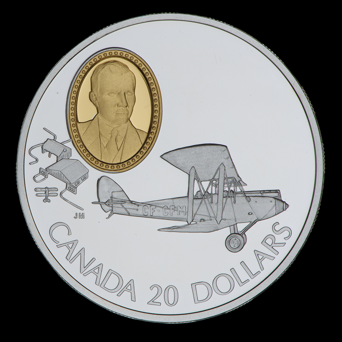 BoCMuseum's tweet image. It’s the 157th birthday🎂 Geoffrey de Havilland, designer of the Moth biplane, used to train Canadian🍁 pilots in the 1920s and 30s. 
A Gipsy Moth is on this coin along with Murton Seymour, promoter of Canadian flying clubs.