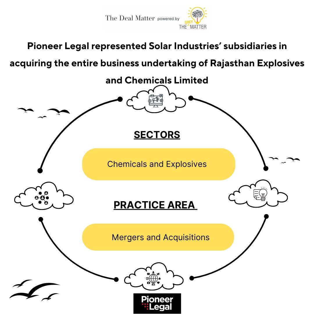 GreyTgm's tweet photo. Today’s deal :
Pioneer Legal represented Solar Industries’ subsidiaries in acquiring the entire business undertaking of Rajasthan Explosives and Chemicals Limited

#Thedealmatter #lawyersofinstagram #legal #lawfirms #learningmatters #pioneerlegal #Legal #matterbythegreymatter https://t.co/IcRU1RAiJx
