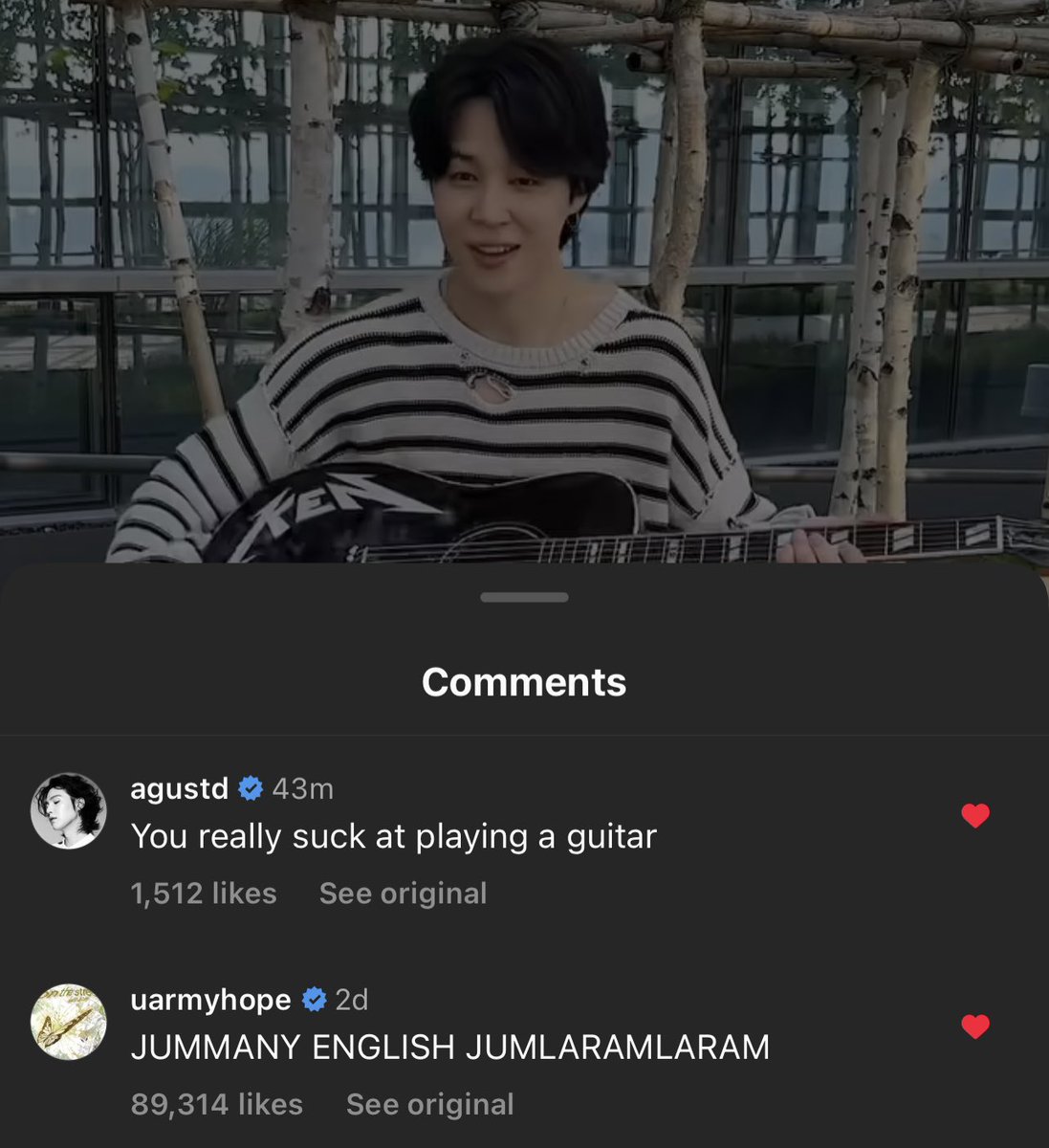 sevenrchive's tweet photo. the difference between yoongi and hobi’s comment under jimin’s post pls 😭 https://t.co/0EIyEsqFLq