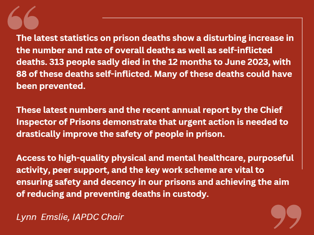 The latest safety in custody statistics show 313 people died in prison in the 12 months to June 2023, an increase of 9% from the previous 12 months. 

Of these deaths, 88 were self-inflicted - an increase of 26% from the previous 12 months.

See here: gov.uk/government/sta….