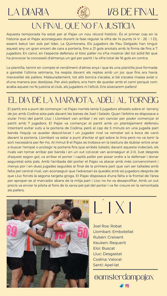 AmsterdamPajax's tweet photo. Pallers i palleres, després de reflexionar portem la última 'Diaria' d'aquesta temporada. 

El camí que hem viscut junts ha estat una al•legoria al futbol i al sentiment paller. Gràcies a tothom qui n'ha sigut part.

 Tornarem més forts pallers! 💪✊

#Kingwillbeback
#SomPallers https://t.co/97HWVXntYy