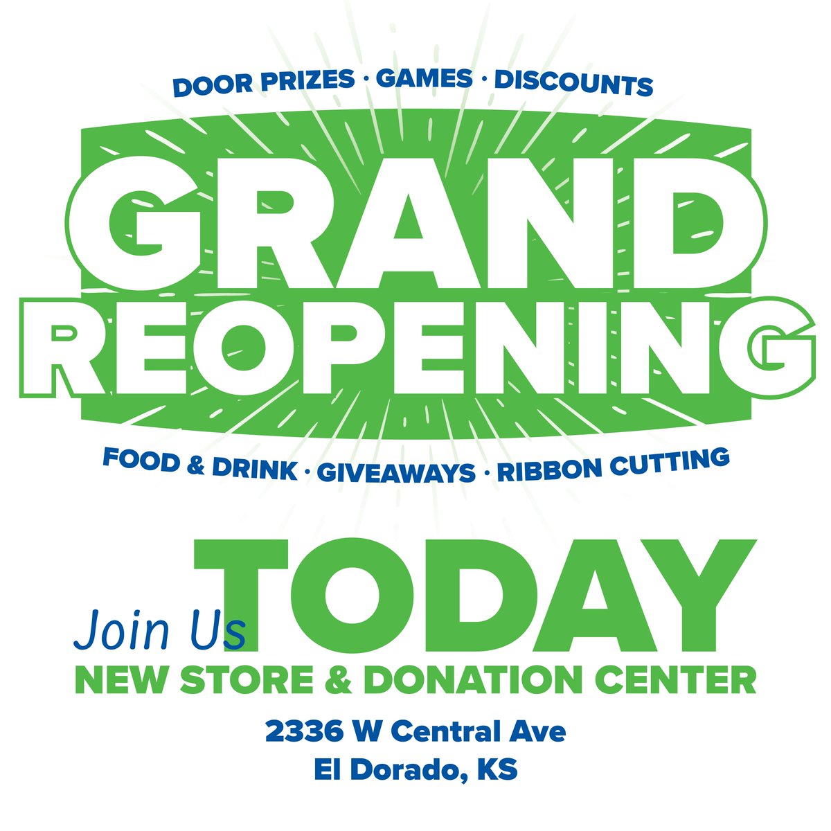 To our El Dorado community - the Grand Reopening of the updated store and donation center is today! 🌟10:00 a.m. 🌟July 27th 🌟2336 W Central Ave. Come browse and shop the fresh store, meet the Goodwilly mascot and have a chance to win fun prizes! We hope to see you there. 🎉