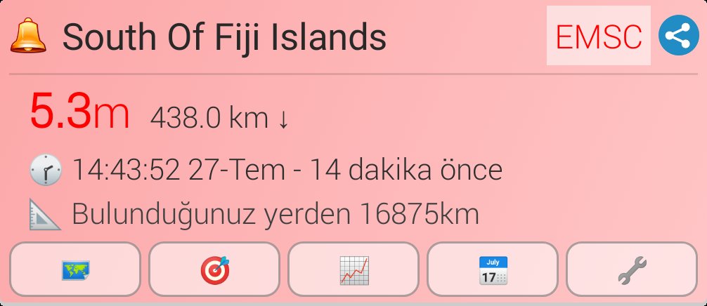 #deprem M5.3,  Fiji Adalarının Güneyinde.Deprem EMSC kaynaklı sismograf tarafından depremin gerçek zamanından 14 dakika sonra tespit edilmiştir.
Yerel 🕗:14:43:52