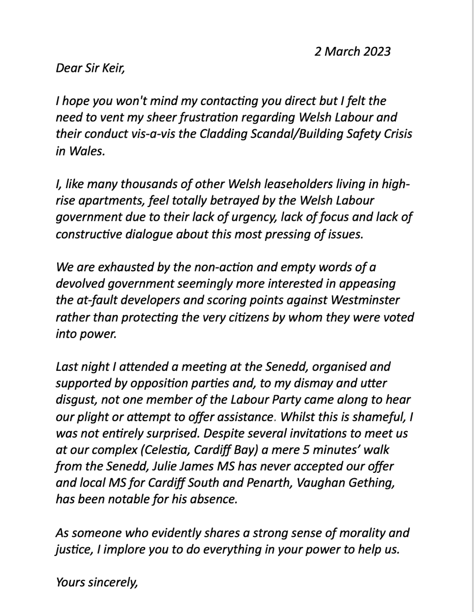 Letter sent on 2 March 2023 to <a href="/Keir_Starmer/">Keir Starmer</a> from long suffering @WelshCladiator Home fire cladding victim - still waiting for courtesy of a reply. Perhaps embarrassed by <a href="/WelshLabour/">Welsh Labour</a> <a href="/WelshGovernment/">Welsh Government</a> response &amp; failure to legislate? <a href="/EOCS_Official/">End Our Cladding Scandal</a> <a href="/CommonholdNow/">Commonhold Now</a> <a href="/NickTorfaen/">Nick Thomas-Symonds</a>