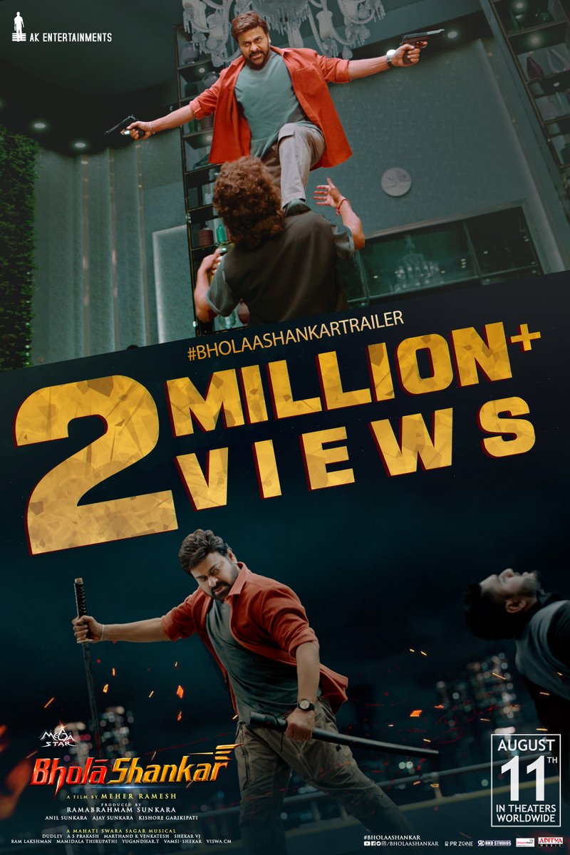 మెగా తుఫాను మొదలు🔥

2MILLION+ Views for #BholaaShankar Trailer 💥
- youtu.be/W3EC1fx1Yqg

In Theatres August 11th,2023 ❤️‍🔥

Mega 🌟<a href="/KChiruTweets/">Chiranjeevi Konidela</a>
A film by <a href="/MeherRamesh/">Meher Raamesh</a>
<a href="/AnilSunkara1/">Anil Sunkara</a> <a href="/tamannaahspeaks/">Tamannaah Bhatia</a> <a href="/KeerthyOfficial/">Keerthy Suresh</a> <a href="/iamSushanthA/">Sushanth A</a> <a href="/SagarMahati/">Mahati Swara Sagar</a> @AKentsofficial <a href="/dudlyraj/">DUDLEY-DOP(DIRECTOR OF PHOTOGRAPHY)</a>