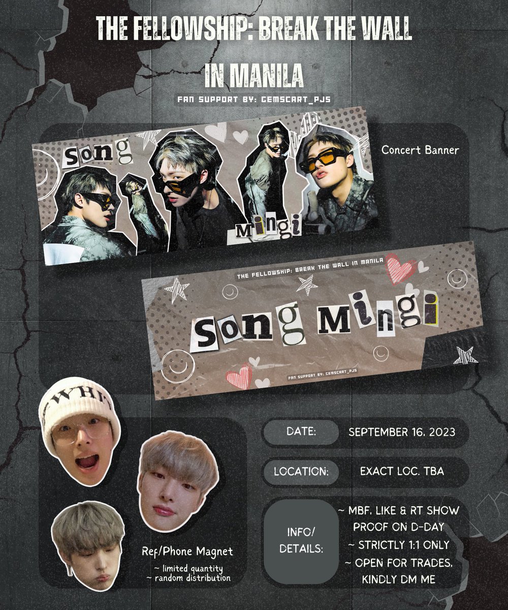 THE FELLOWSHIP: BREAK THE WALL IN MANILA 🏴‍☠️

Filotinys! I’ll be giving out #MINGI Concert Banner and Ref Magnet ~ limited quantity (I’ll distribute it randomly)

For trades, kindly dm me 🥰 See you on d-day!

#Break_The_Wall_MNL #FilotinyFreebies #Break_The_Wall #ATEEZ #에이티즈