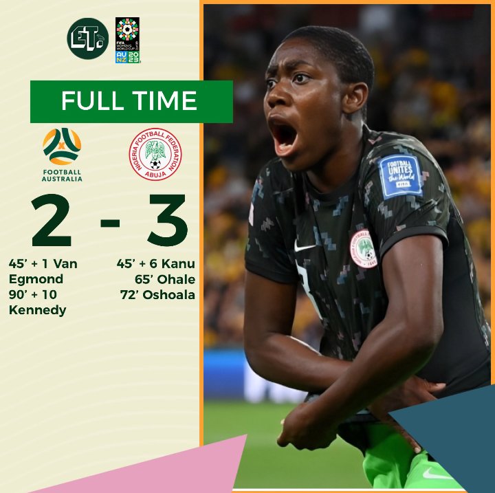 WHAT A GAME, WHAT A WIN!!
We are on top of Group B with 4 points as it stands now.

#AUSNGA #FIFAWWC     #NGA #EaglesTracker 🦅🇳🇬