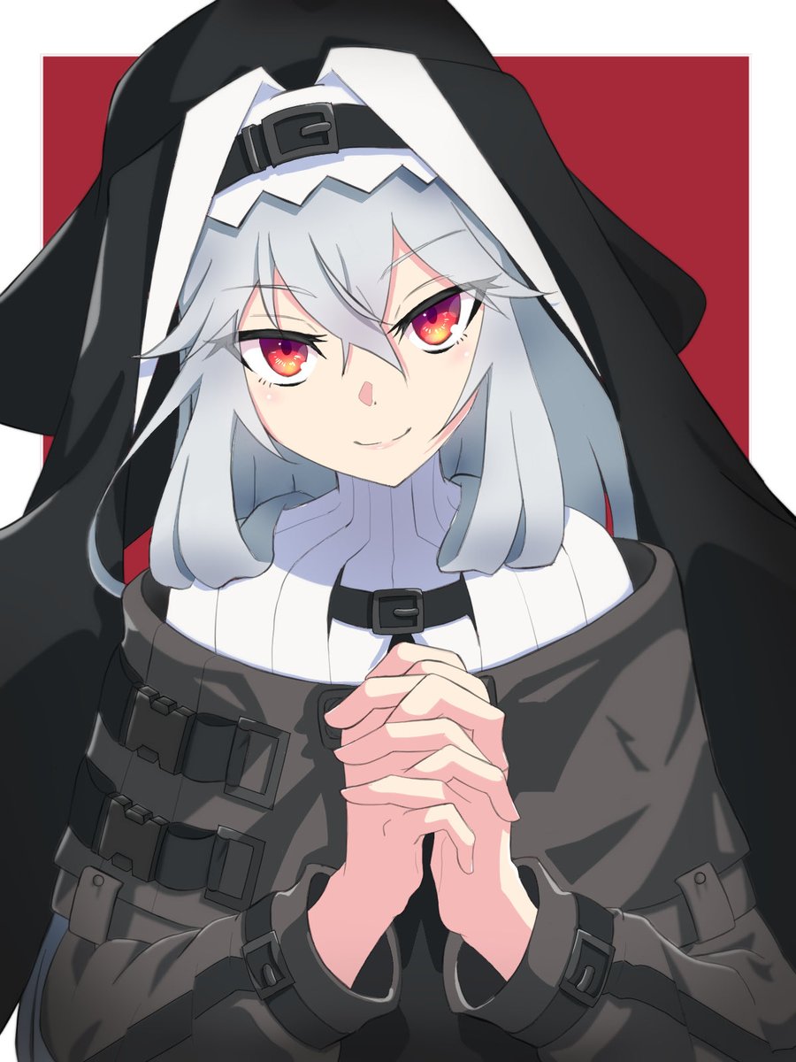 specter (arknights) 1girl solo red eyes own hands together smile nun habit  illustration images