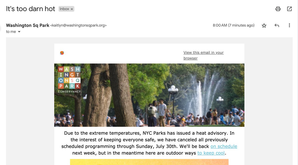 DoctorVive's tweet photo. Oh dear god. Due to the heat, @NYCParks has cancelled all its scheduled programming for the coming weekend. 😮😬

We need to phase out fossil fuels NOW. Our cities are on the road to becoming unlivable. https://t.co/DDVKvmEI2f