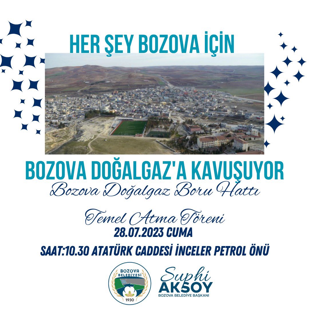 Söz verdiğimiz gibi. 
Her şey Bozova için. 

Bozova Doğalgaz’a kavuşuyor.

28.07.2023 Cuma Saat 10.30’da Atatürk Caddesi İnceler Petrol önünde ilk kazmayı vuruyoruz.
