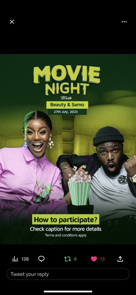 ChizaramFloxy's tweet photo. It gonna be a blast ๐ฅ with @beautyetukura
MOVIE NIGHT WITH BEAUTY
BEENAVY X BEAUTY
#ITSTIME9JA
#BEAUTYTUKURA https://t.co/BKKzlbrvhS
