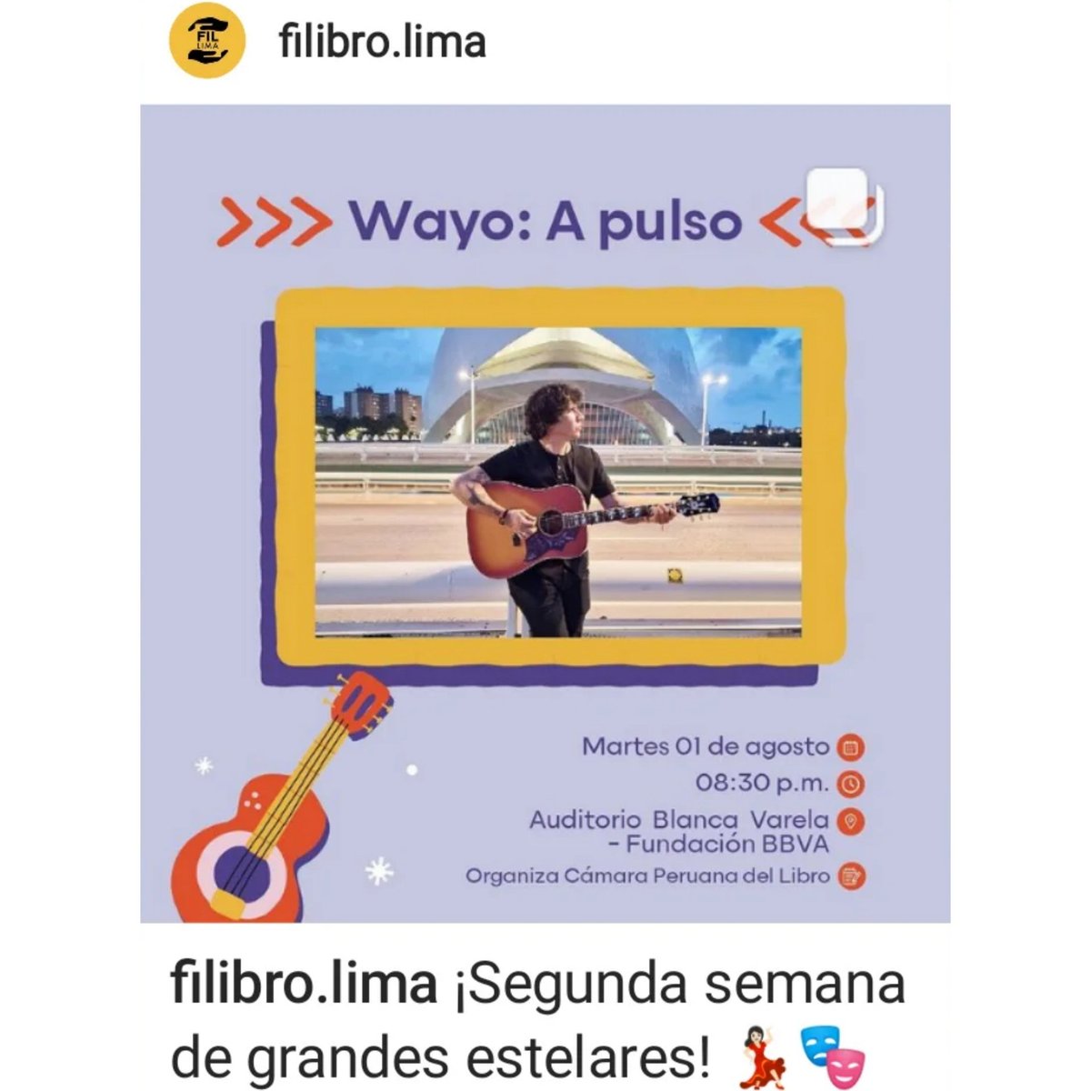 WayoPeru's tweet photo. #FILLima2023 
Martes 1 de agosto 8:30pm
Escenario Estelar Blanca Varela, Feria Internacional del Libro de Lima. #Concierto + Presentación de libro-disco A PULSO. 
#lamúsicaune #Wayo #musichunters https://t.co/SRkIbPL4no