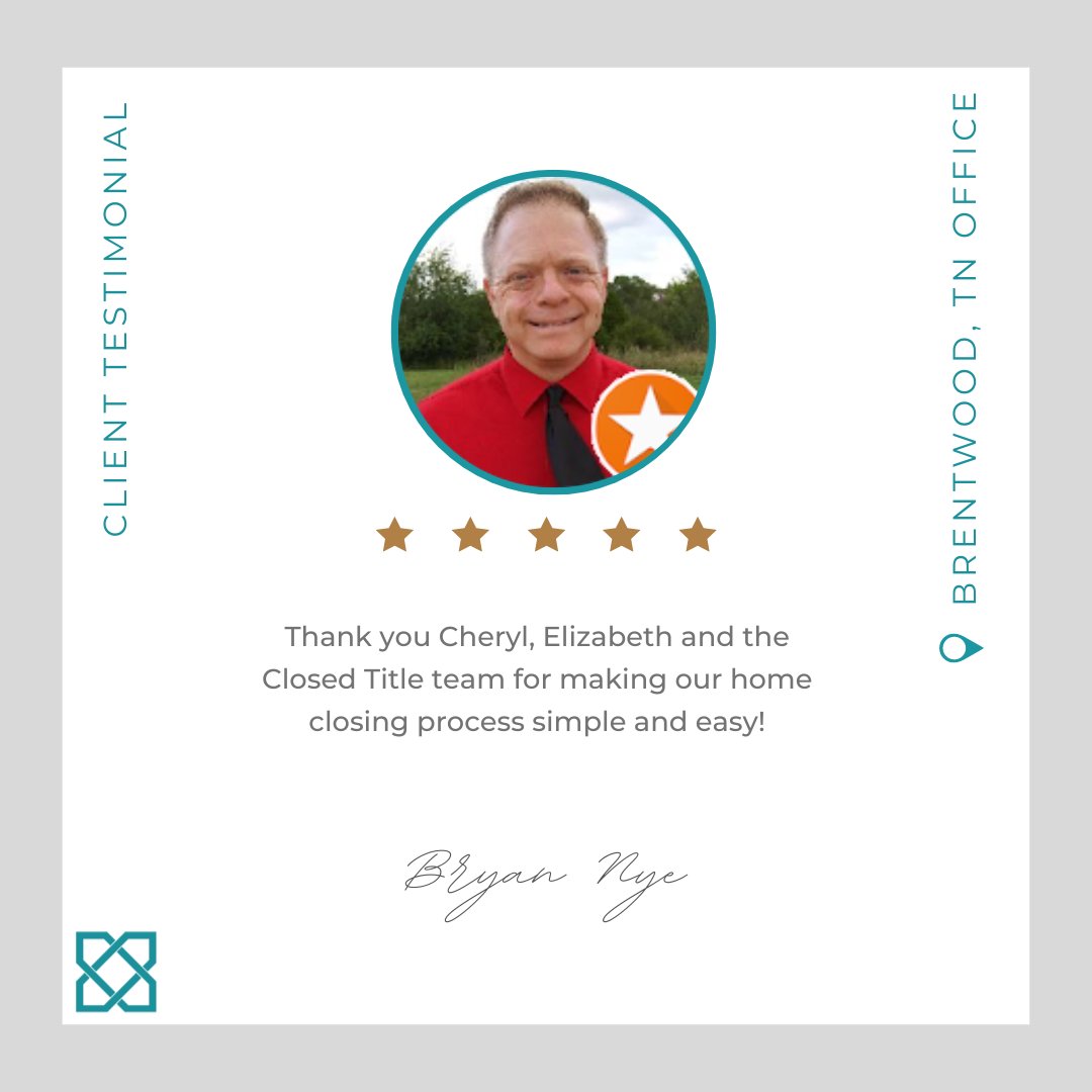 closedtitle's tweet photo. #TestimonialThursdays 💬 This client feedback made our day! Great job to the CLOSED Brentwood team for facilitating a smooth closing 👍😄
⭐⭐⭐⭐⭐
.
.
.
#TitleReinvented #RealtorTestimonials #TNRealtor #TNRealEstate #Realtorsofig https://t.co/Ev3MswAWaH