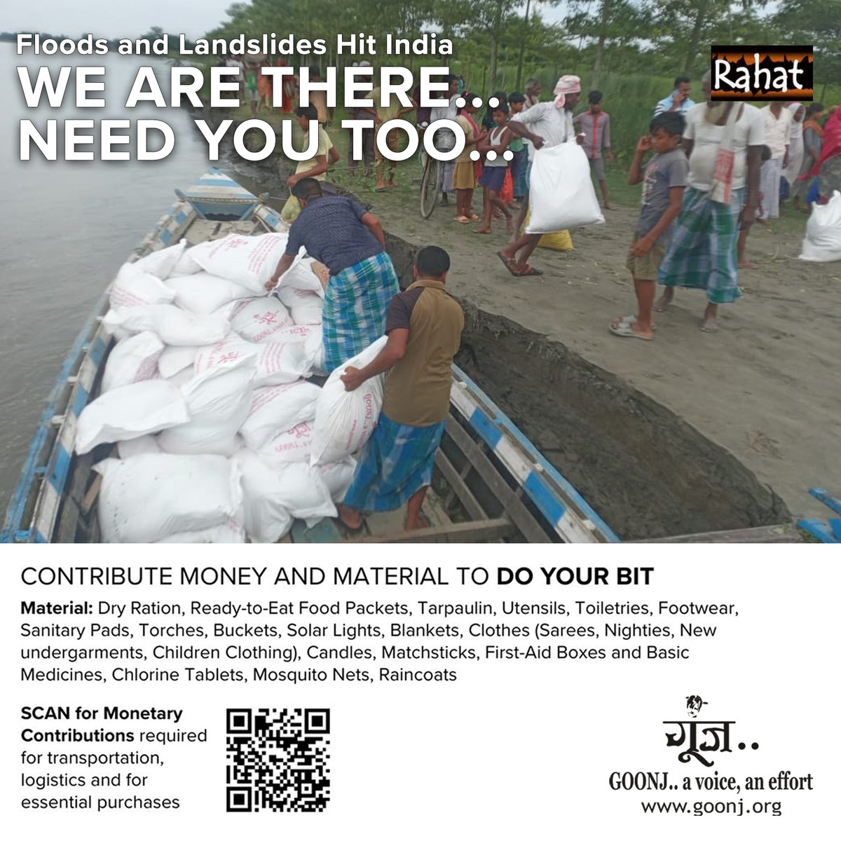 goonj's tweet photo. Assam, Himachal Pradesh, Uttarakhand, Rajasthan and Delhi continue to reel under the impact of floods. 

Goonj Teams are in the field, reaching out with essential supplies.

For monetary contributions https://t.co/ufIKjOqTML

#Goonj #Rahat #disaster #flood #floodrelief #Landslide https://t.co/8HGihKRCbh